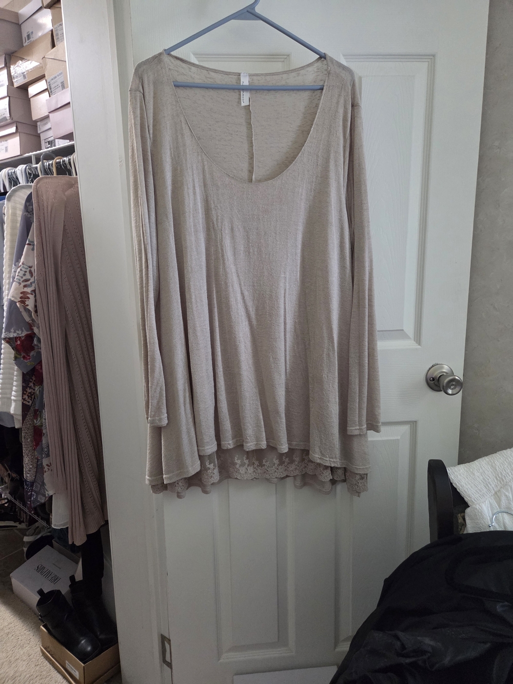 Light Beige Long Sleeve Scoop Neck Women’s Top with Lace Trim